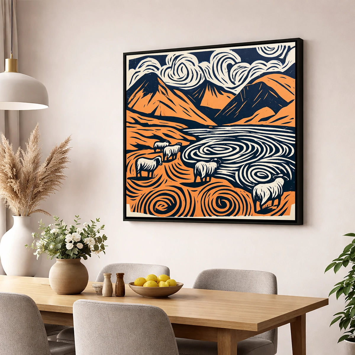 Scafell Pike in Terracotta and Navy lake district fell wall art displayed in a dining room