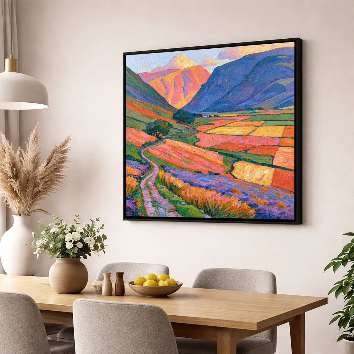 Sunlight on Patchwork Valley Fields lake district valley wall art displayed in a dining room