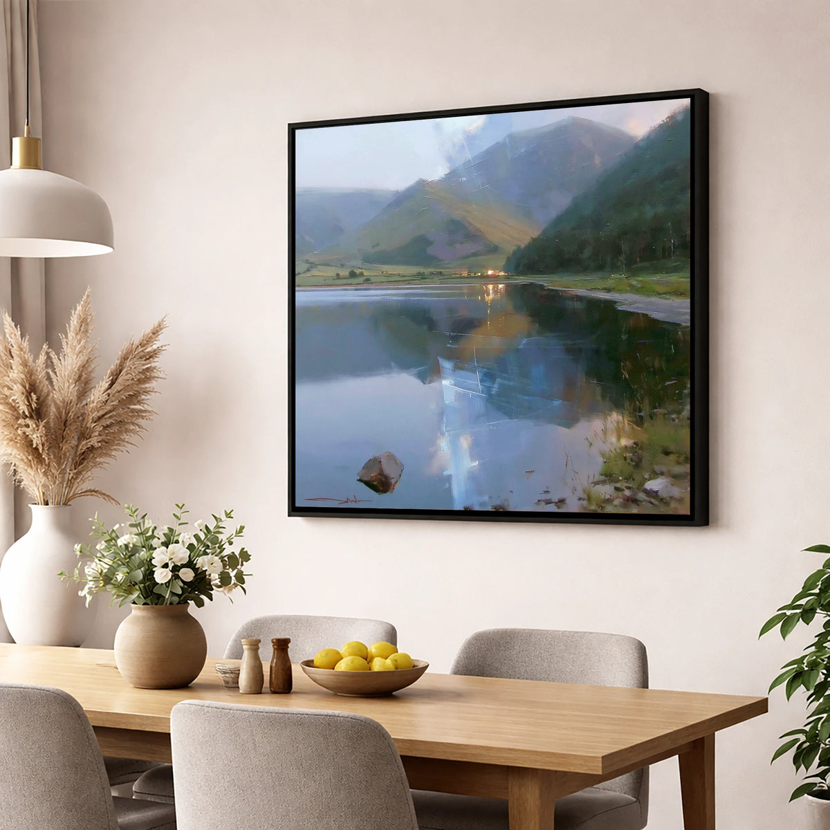 Evening Reflections on Loweswater lake district lake wall art displayed in a dining room