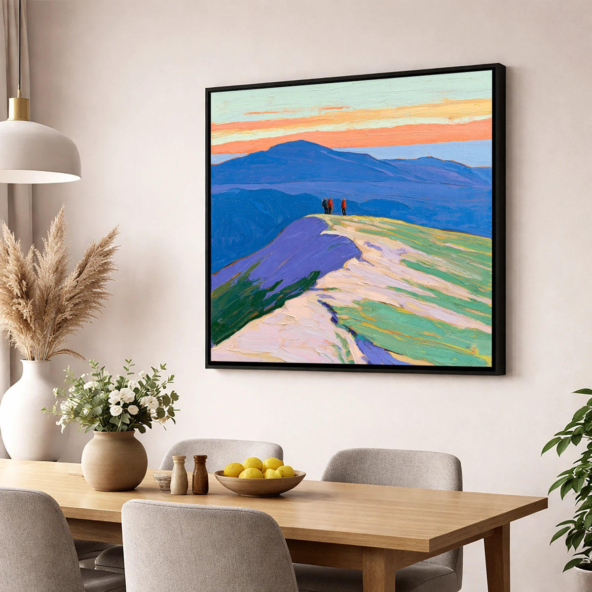 Fell Top Hikers At Sunset lake district fell wall art displayed in a dining room