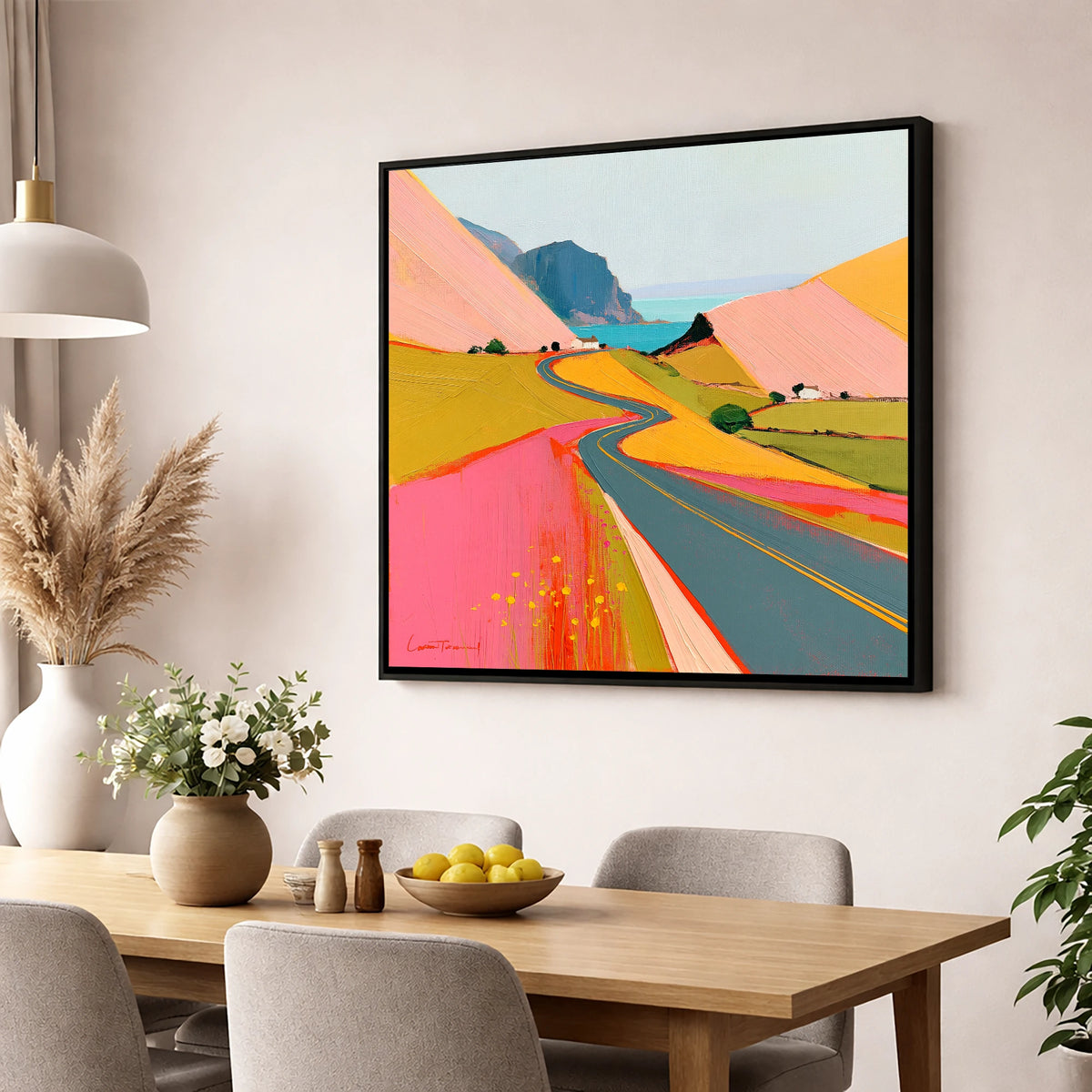 Bold Pink Mountain Pass lake district valley wall art displayed in a dining room