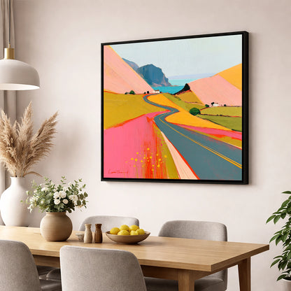 Bold Pink Mountain Pass lake district valley wall art displayed in a dining room