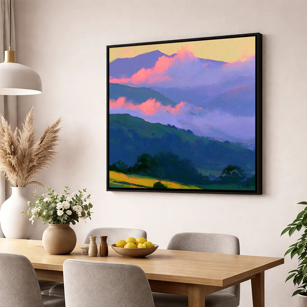Pink Clouds Over Rolling Fells lake district fell wall art displayed in a dining room