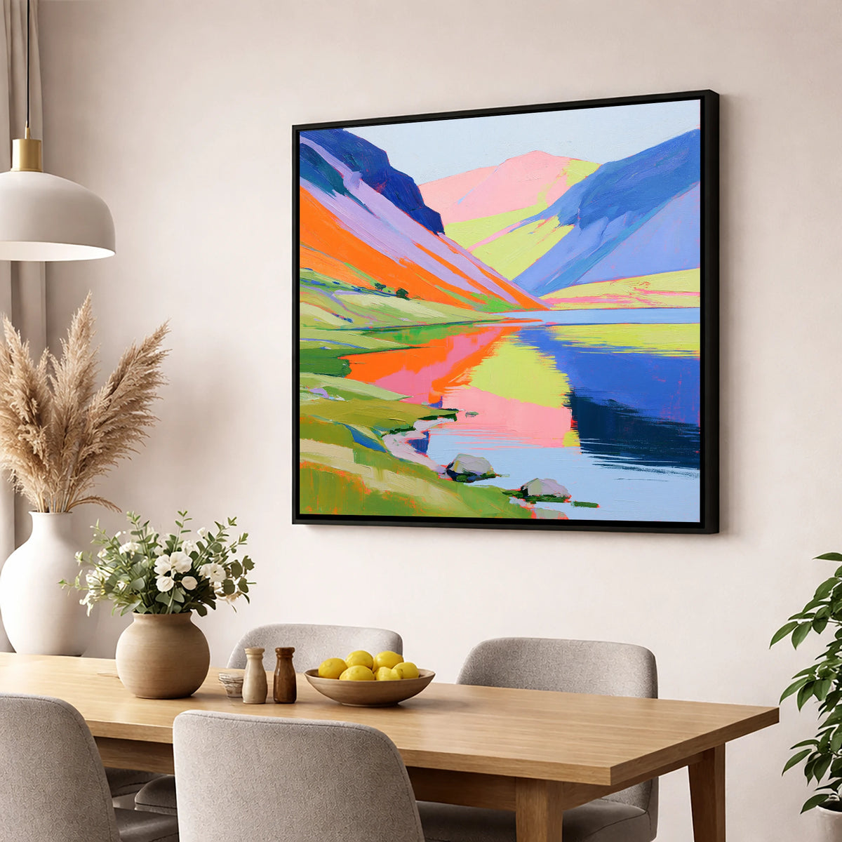 Lake Reflections in Bold Colour lake district lake wall art displayed in a dining room