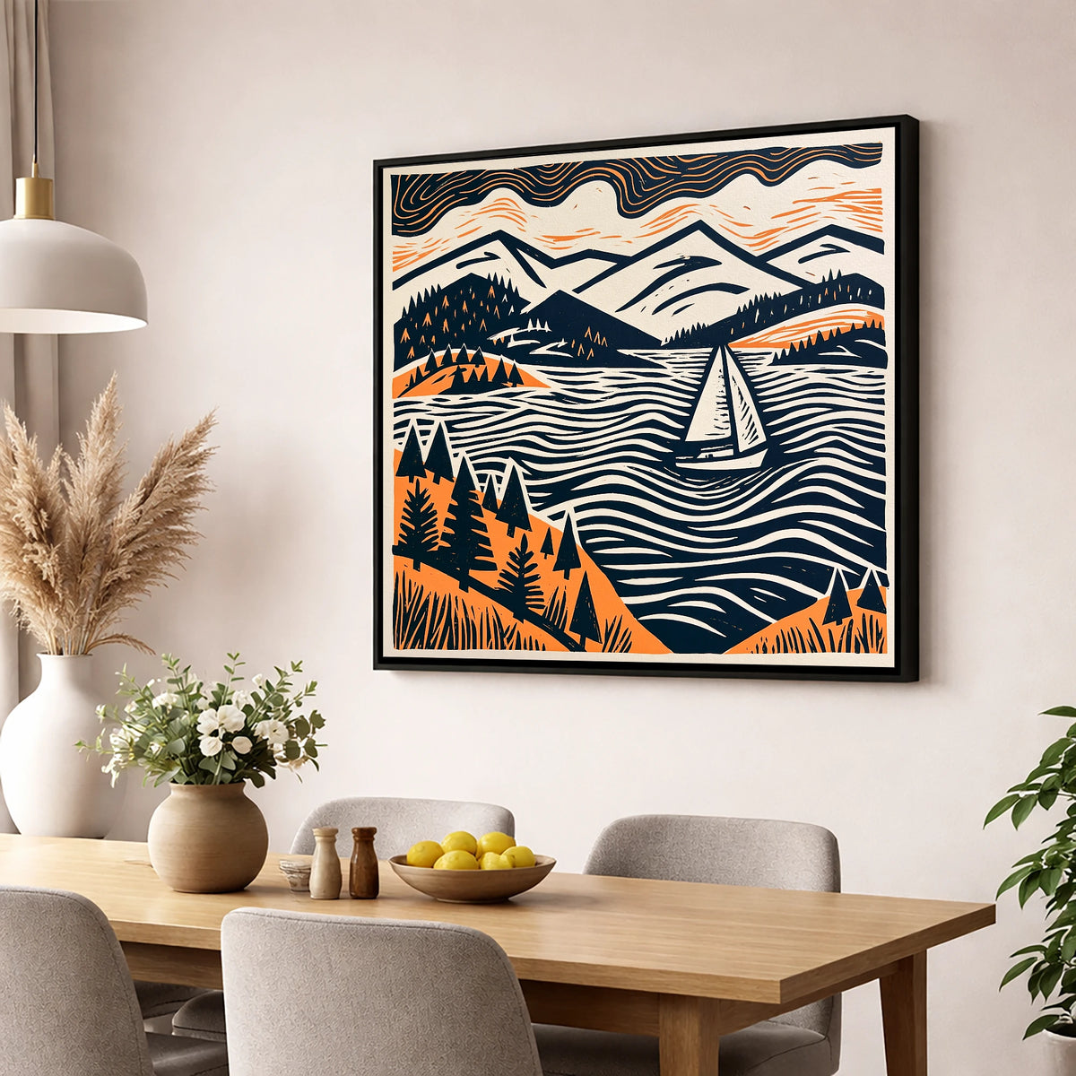 Windermere Sailboat in Terracotta and Navy lake district lake wall art displayed in a dining room