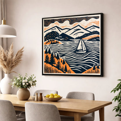Windermere Sailboat in Terracotta and Navy lake district lake wall art displayed in a dining room