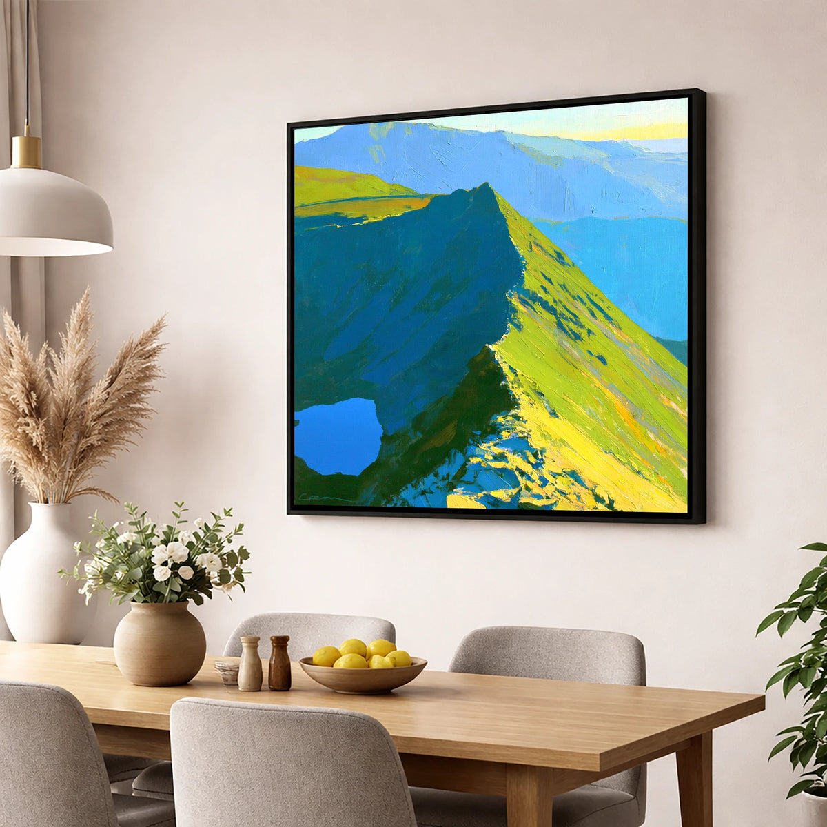 Dramatic Sunlight on Striding Edge lake district walking wall art displayed in a dining room