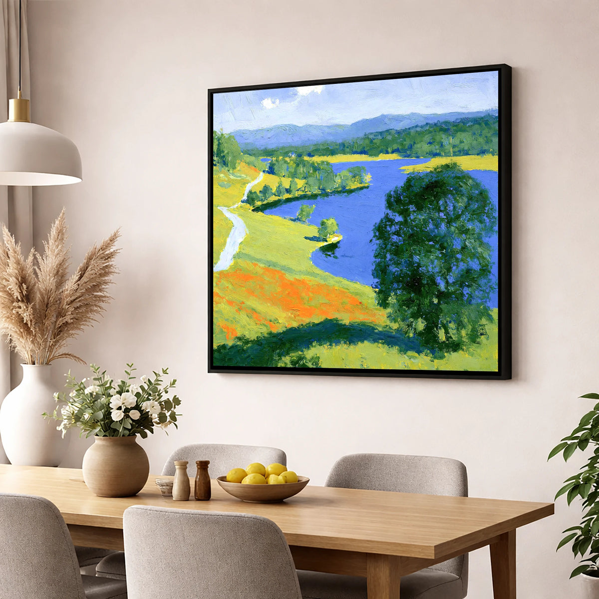 Vivid Colours of Tarn Hows lake district lake wall art displayed in a dining room