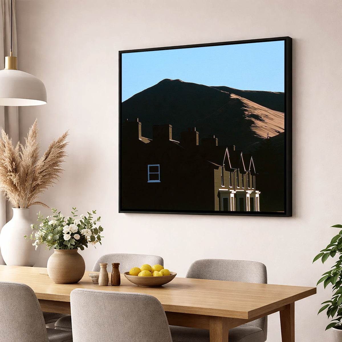 Silhouetted Keswick Terraces Beneath Skiddaw lake district village wall art displayed in a dining room