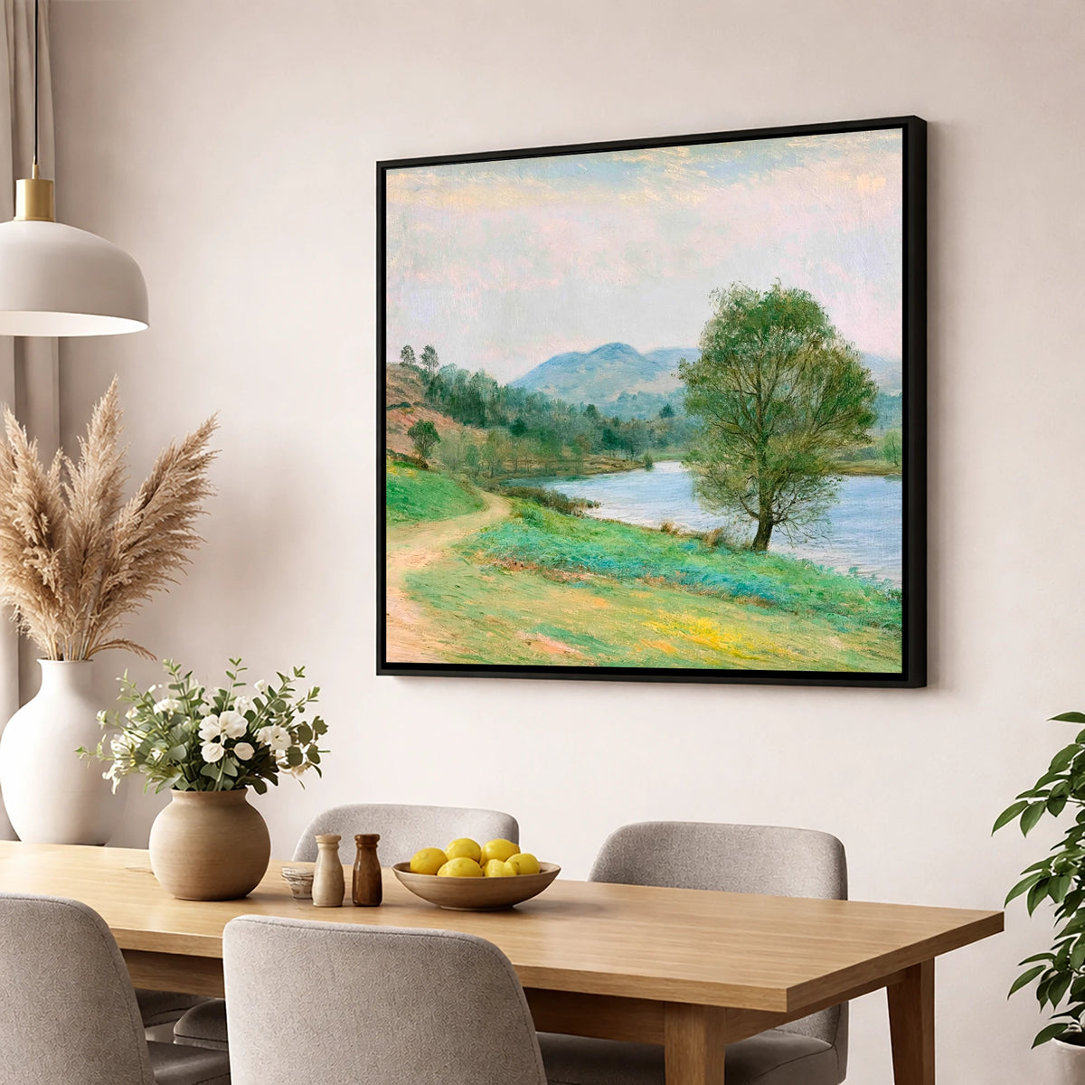 Tarn Hows in Spring Light lake district lake wall art displayed in a dining room