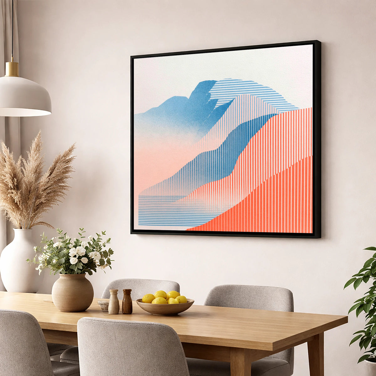 Geometric Scafell Pike in Coral lake district fell wall art displayed in a dining room
