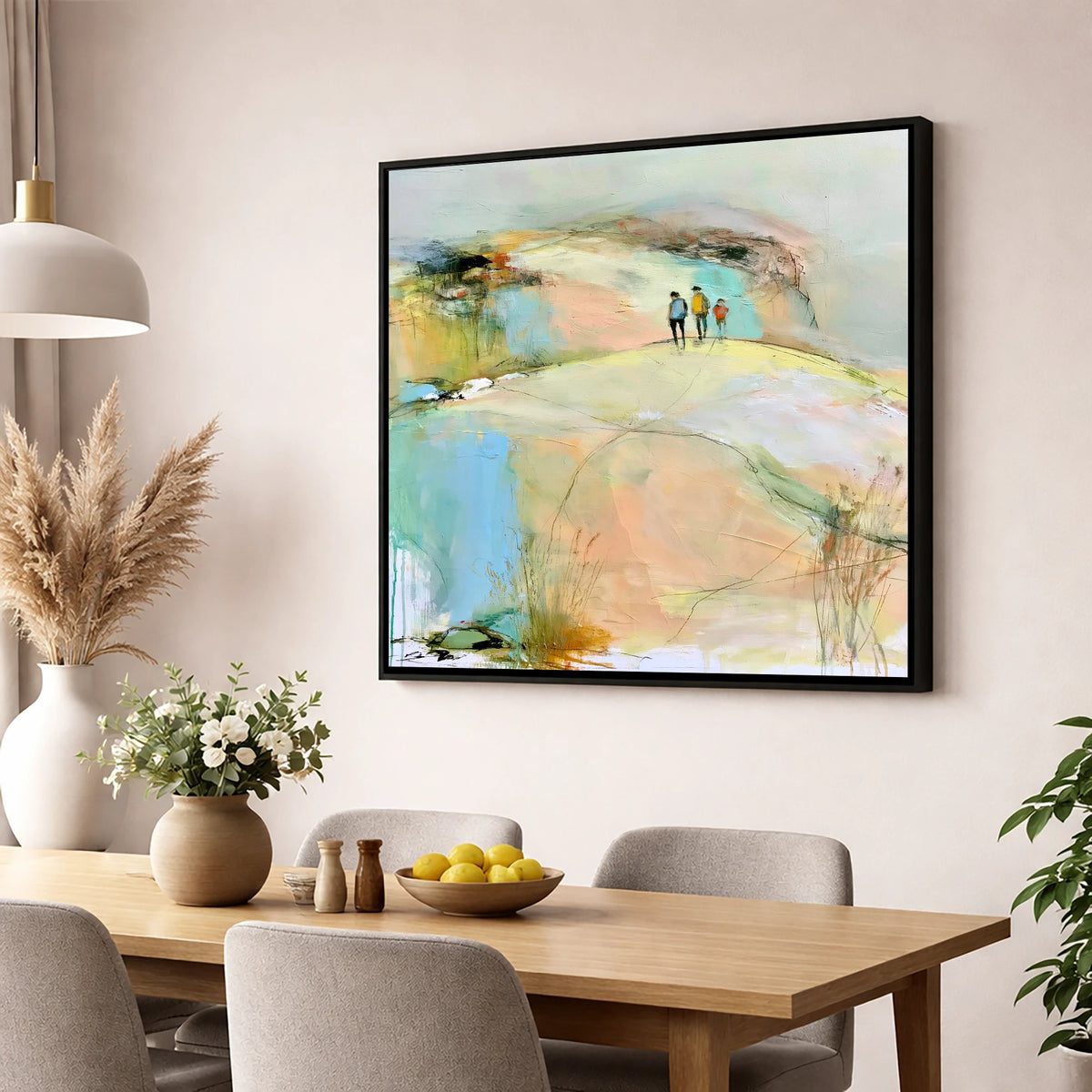 Hikers on the Pastel Fell lake district fell wall art displayed in a dining room