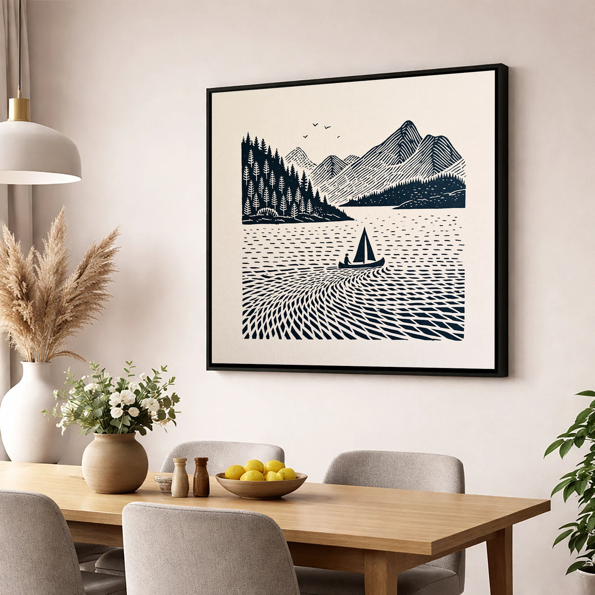 Dark Navy Derwentwater Sailing Scene lake district lake wall art displayed in a dining room