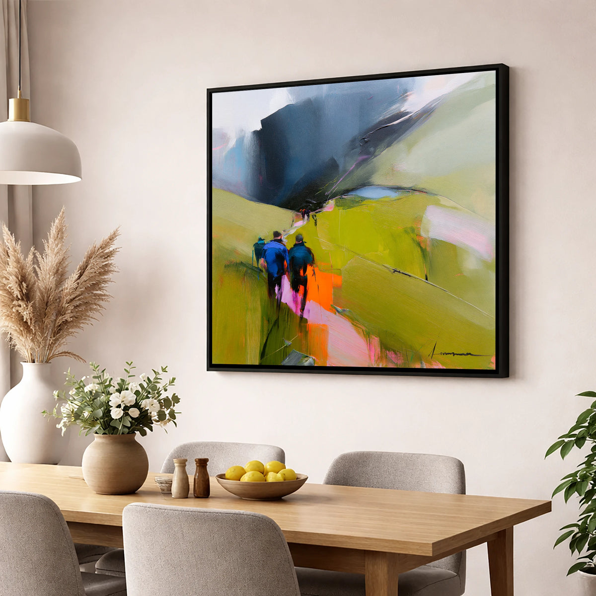 Walkers on Vibrant Fell Path lake district walking wall art displayed in a dining room