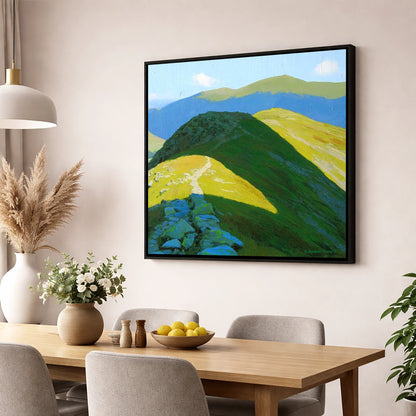 Sunlit Ridge to Cold Pike lake district fell wall art displayed in a dining room