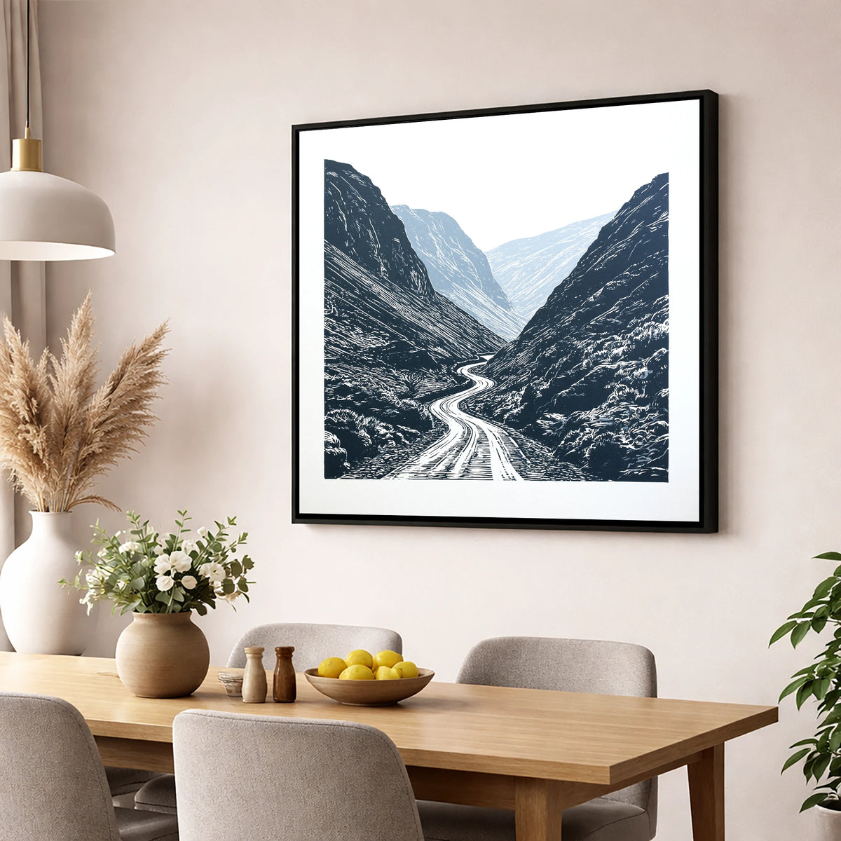 Honister Pass in Bold Navy lake district valley wall art displayed in a dining room