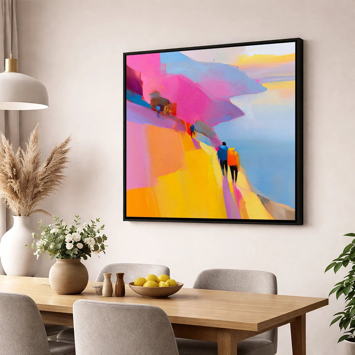 Bright Lakeside Mountain Path lake district walking wall art displayed in a dining room