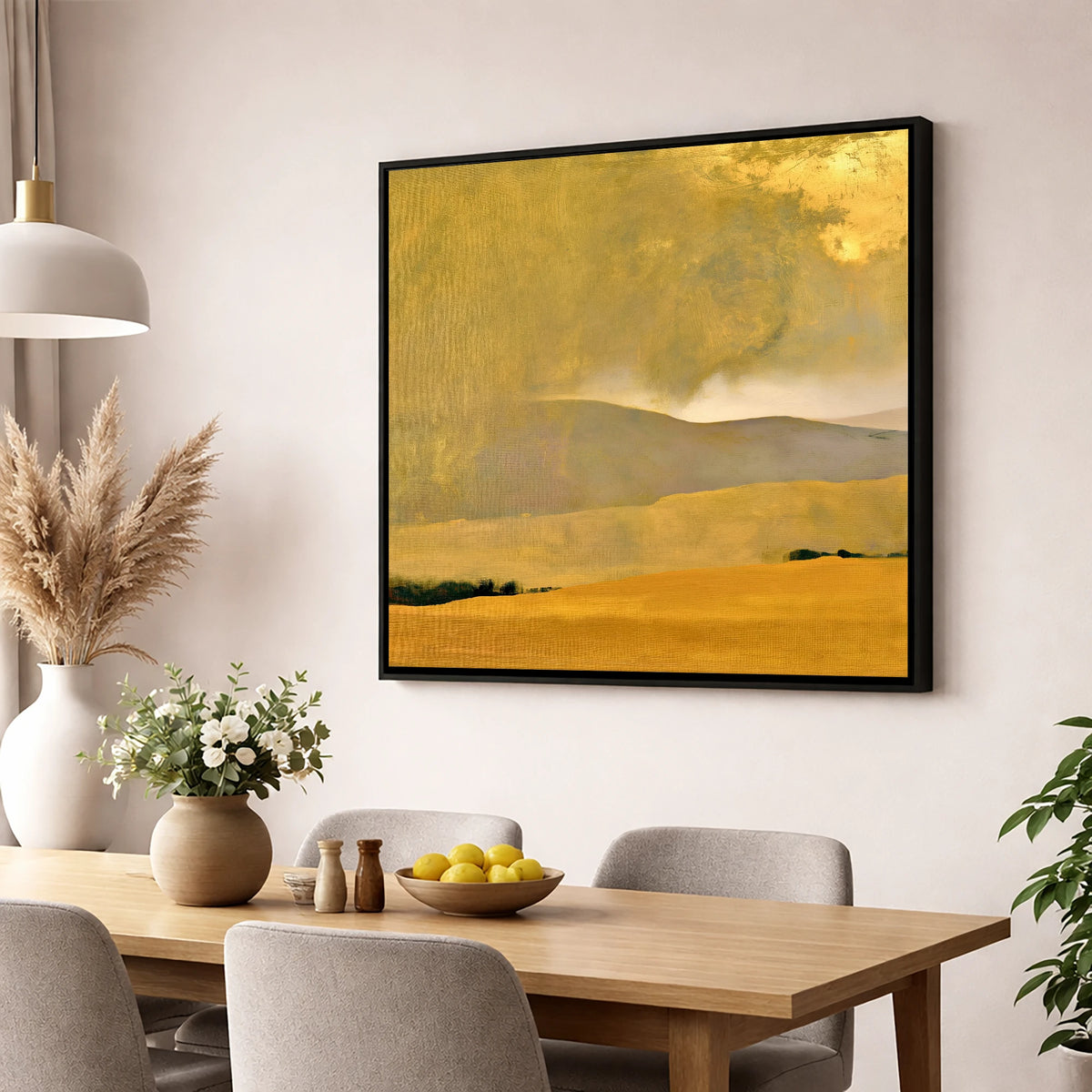 Golden Storm Over Lakeland Fells lake district sky wall art displayed in a dining room