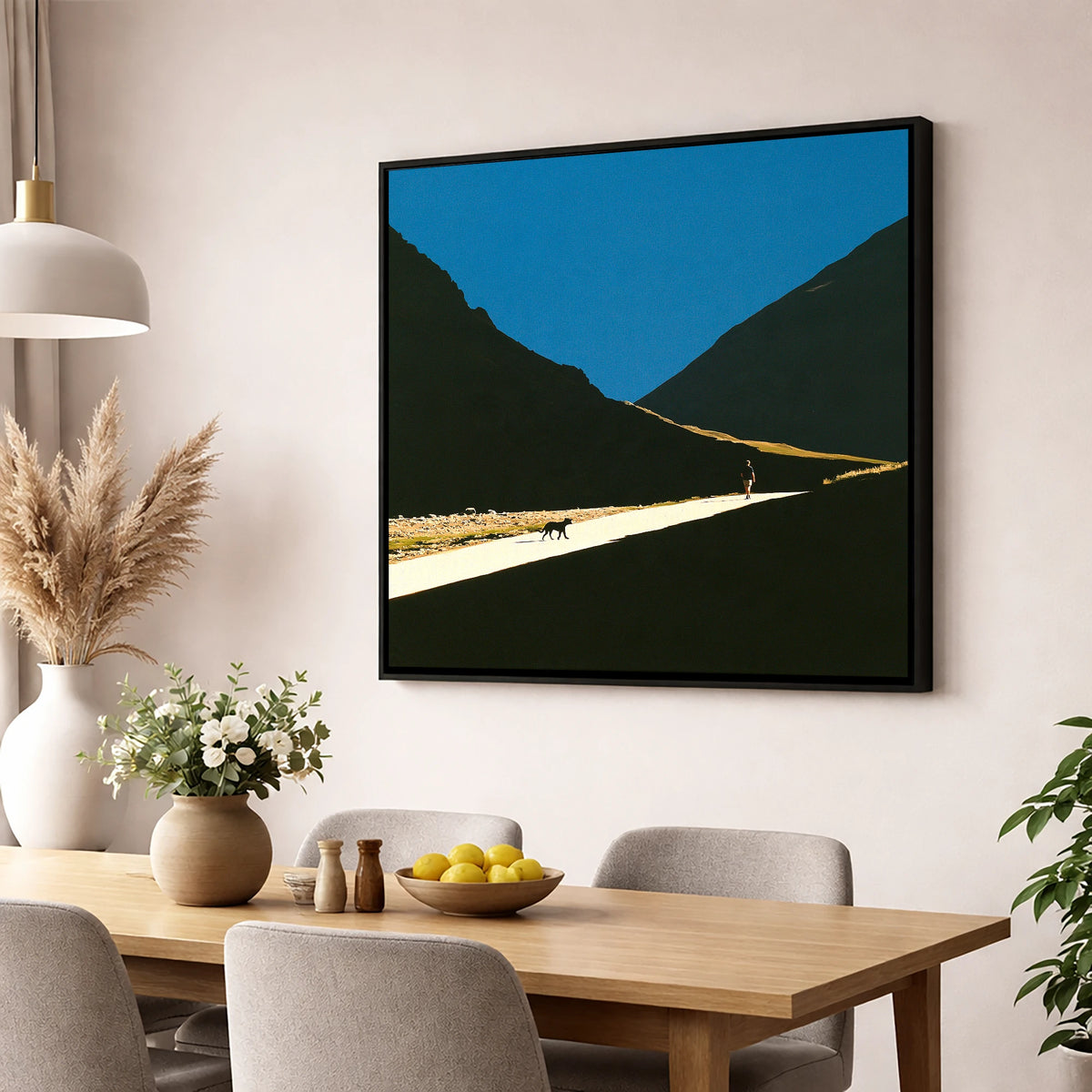 Silhouettes on Sunlit Wasdale Path gifts for dog walkers wall art displayed in a dining room