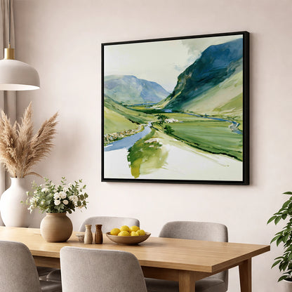 Green Valley and Winding Beck lake district valley wall art displayed in a dining room