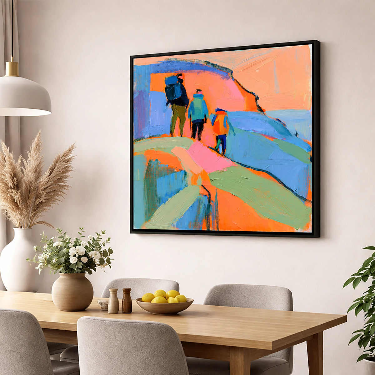 Abstract Hikers on a Fell lake district fell wall art displayed in a dining room