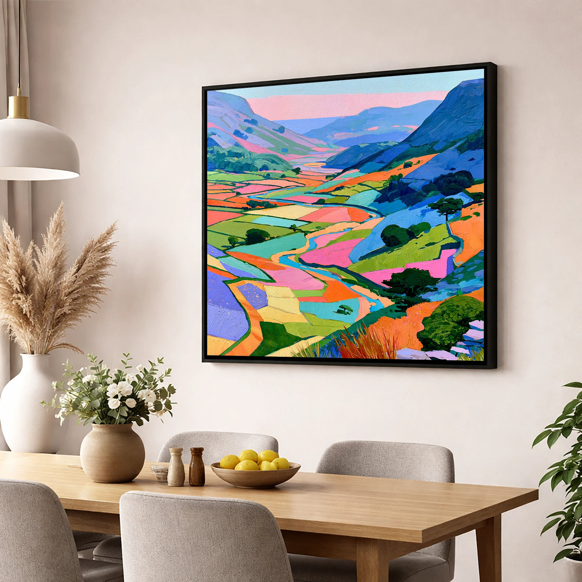 Vibrant Patchwork Fields and Fells lake district valley wall art displayed in a dining room
