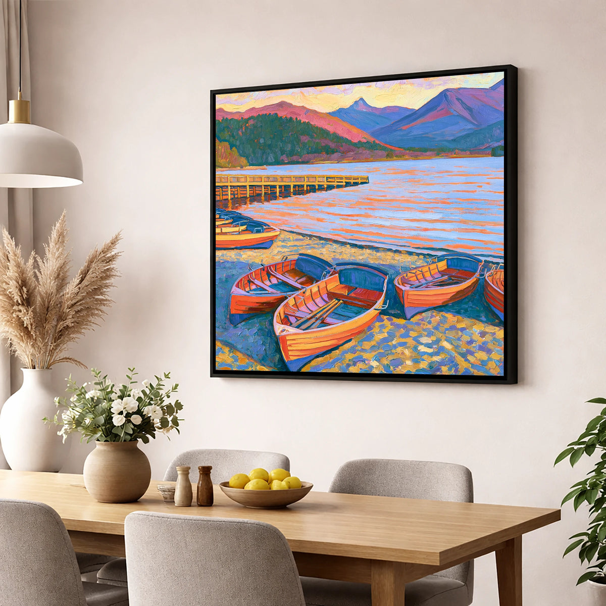 Orange Rowing Boats on Windermere lake district lake wall art displayed in a dining room