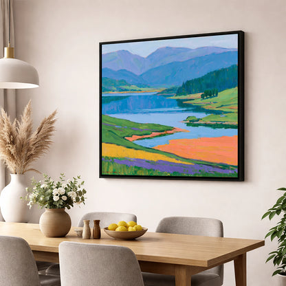 Vibrant Lake and Violet Fells lake district lake wall art displayed in a dining room