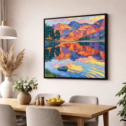 Vibrant Sunset Glow over Mountain Fells lake district lake wall art displayed in a dining room