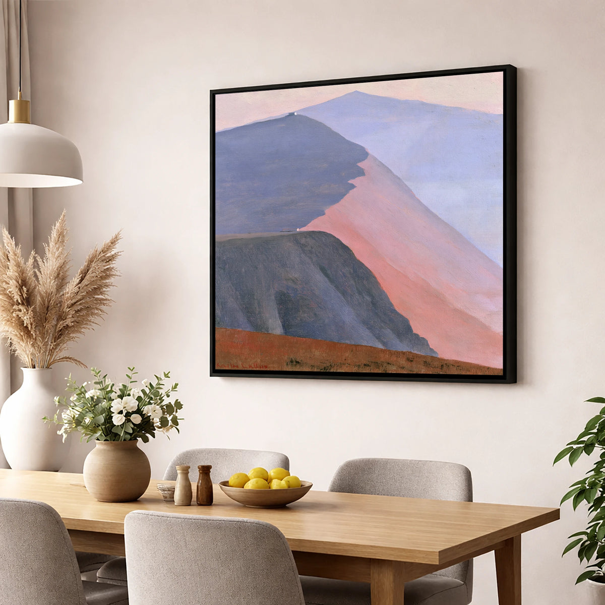 Mountain Summit in Pink Light lake district fell wall art displayed in a dining room