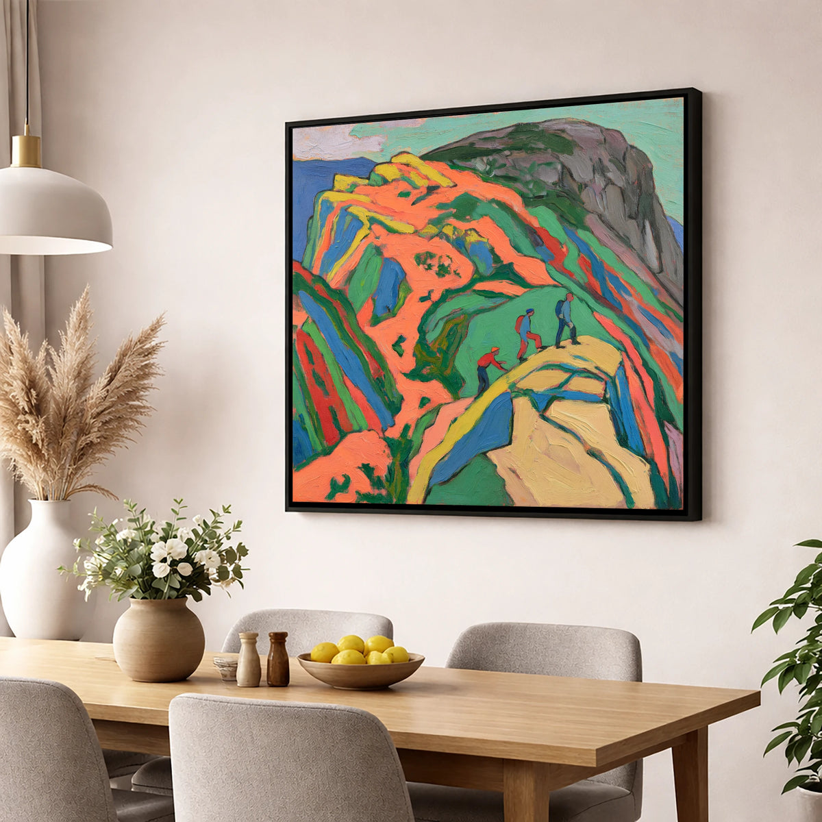 Climbers on the Bright Orange Crag lake district walking wall art displayed in a dining room