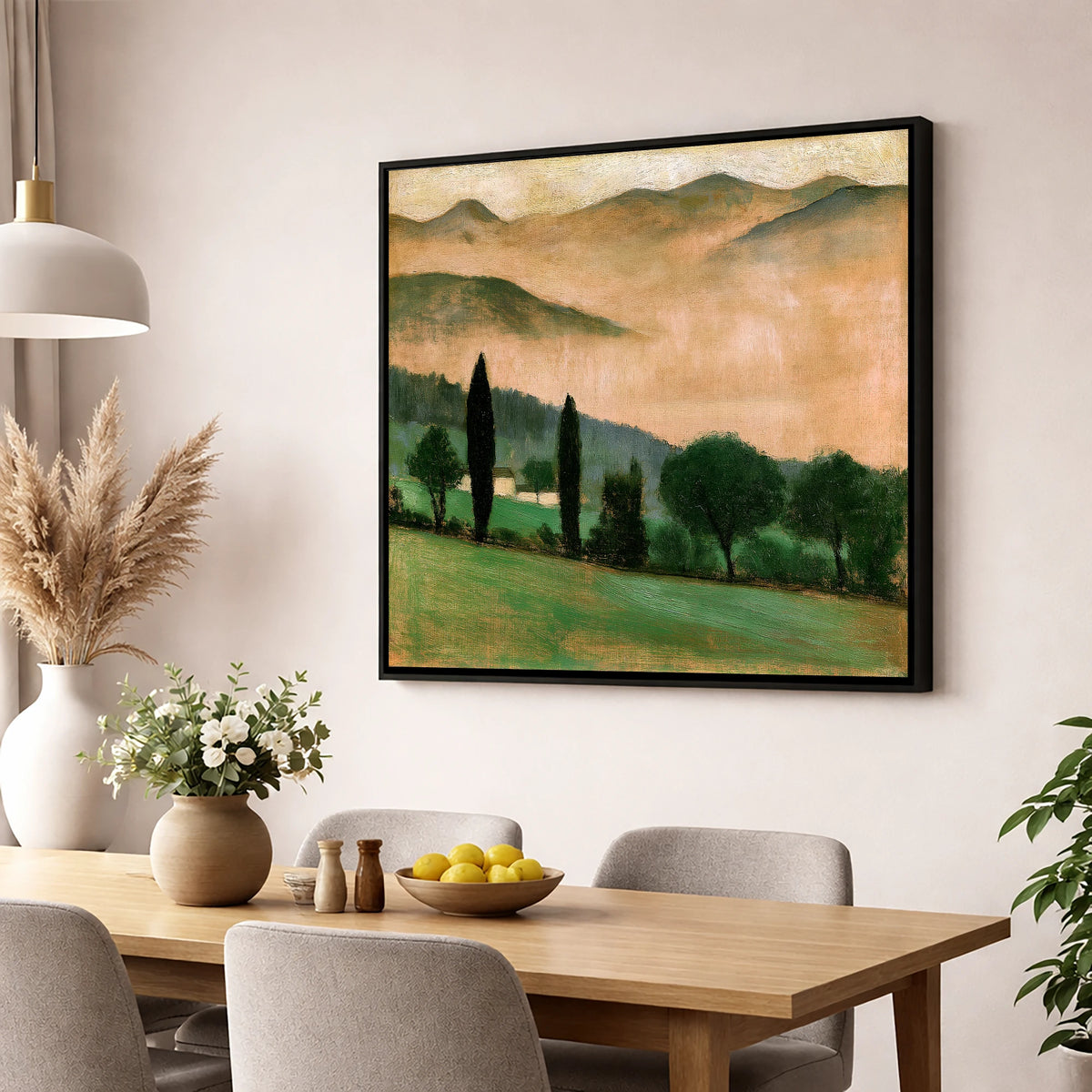 Terracotta Dawn over Misty Valley lake district sky wall art displayed in a dining room