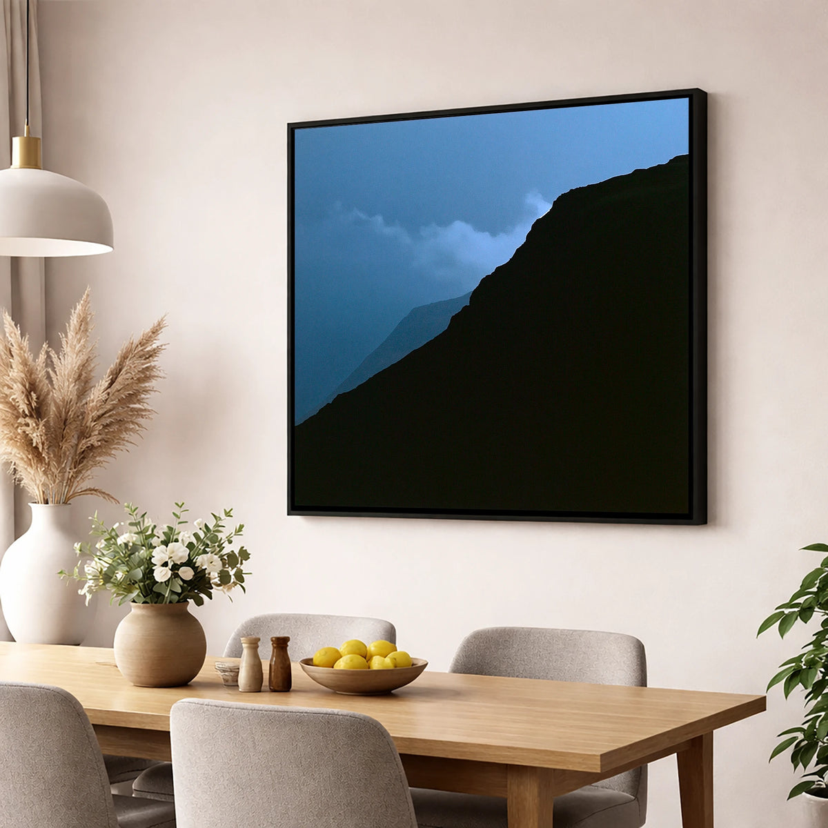 Misty Mountain Ridge Silhouette lake district fell wall art displayed in a dining room