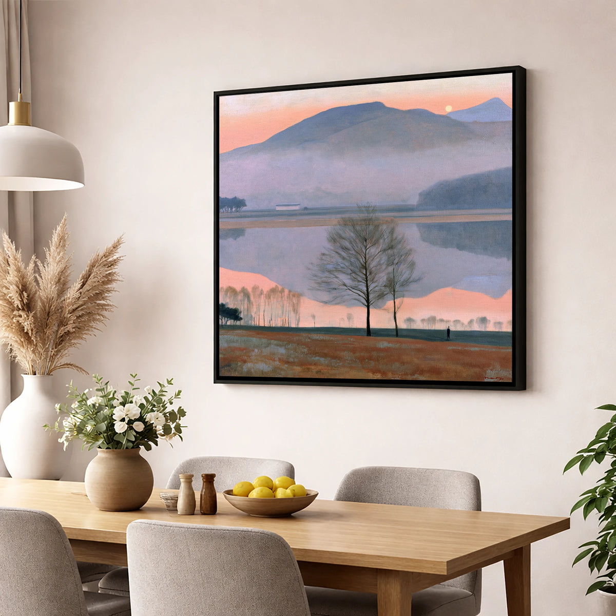 Lake Reflection in Pink Twilight lake district lake wall art displayed in a dining room