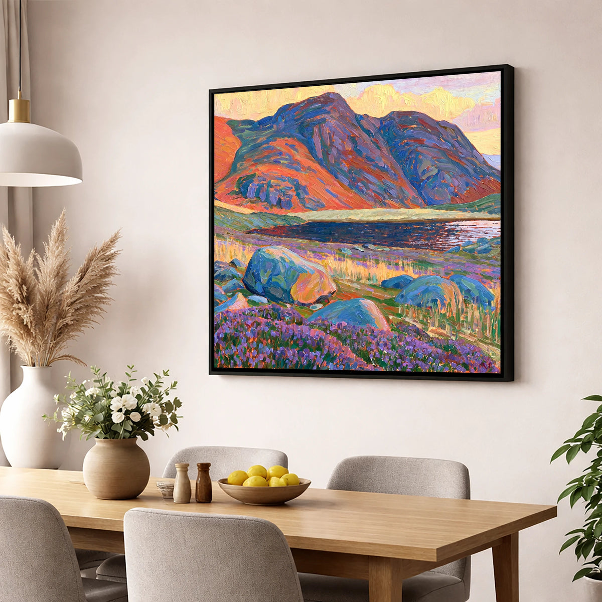 Haystacks in Fiery Light lake district fell wall art displayed in a dining room