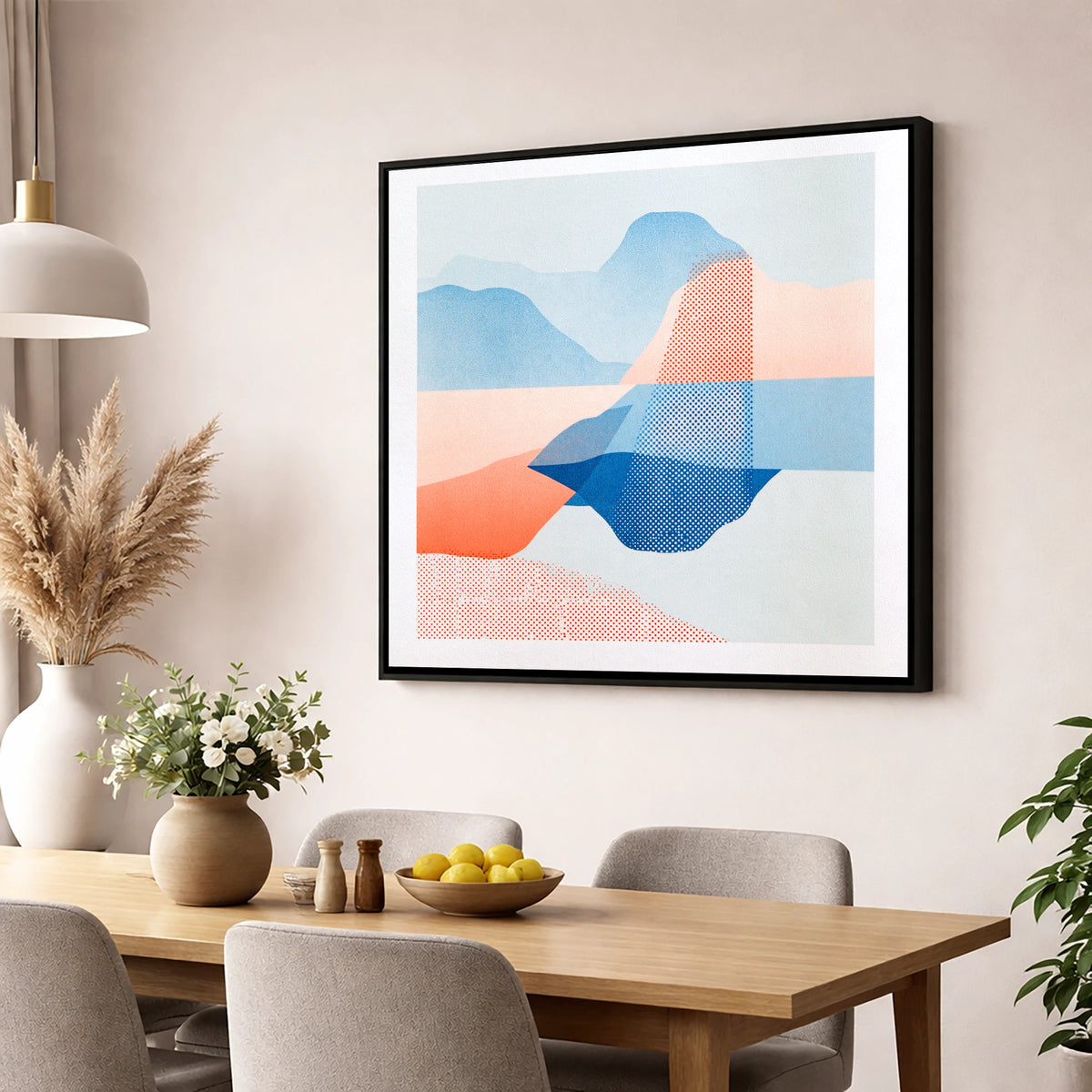 Abstract Grasmere in Coral and Cerulean lake district lake wall art displayed in a dining room