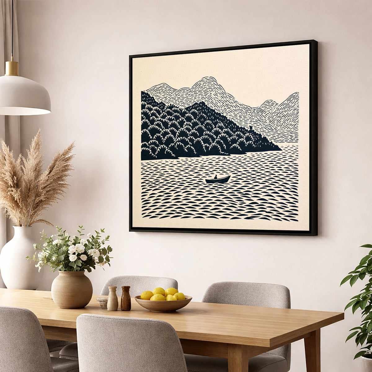 Rowing Boat Beneath Coniston Fells lake district lake wall art displayed in a dining room