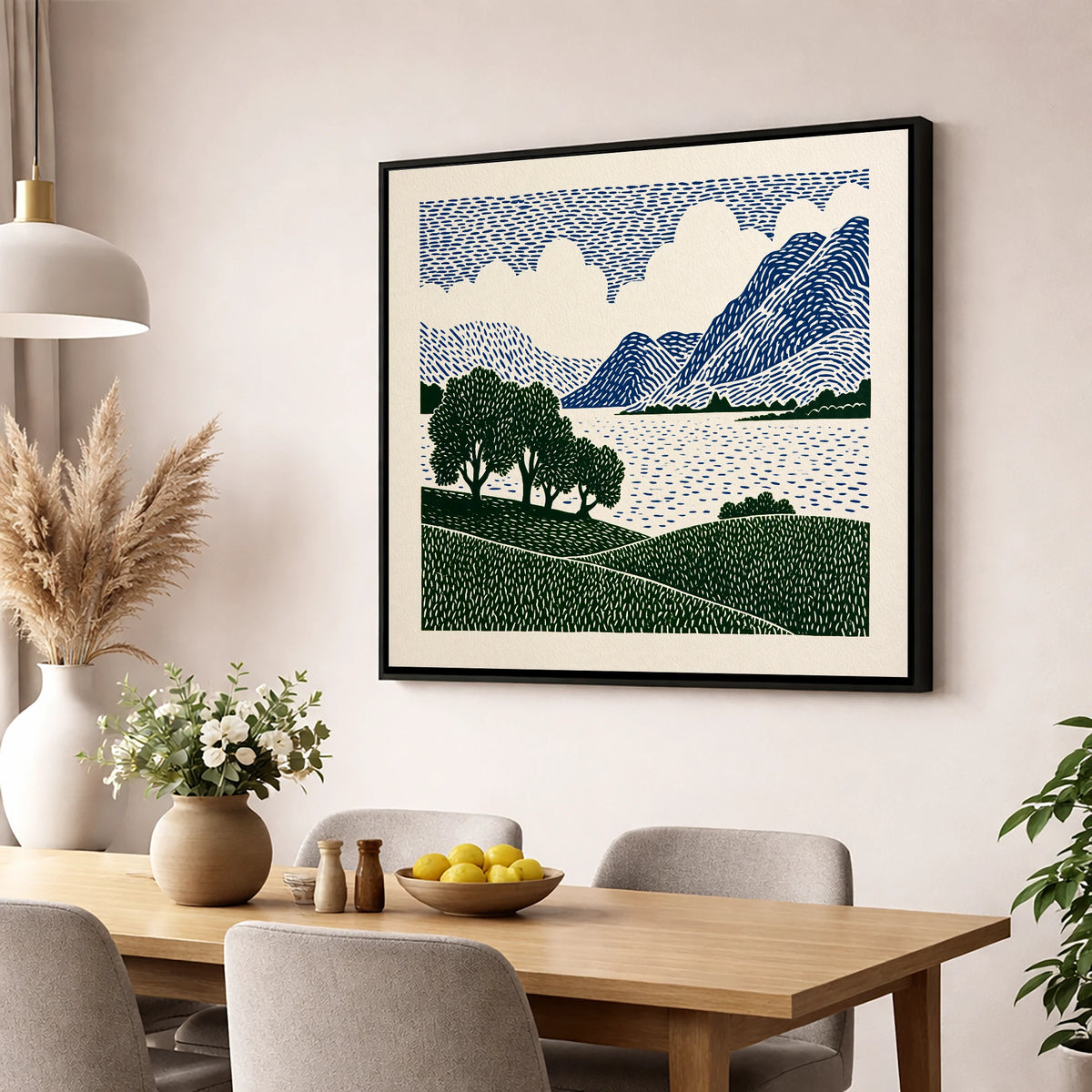 Crummock Water in Navy and Green lake district lake wall art displayed in a dining room
