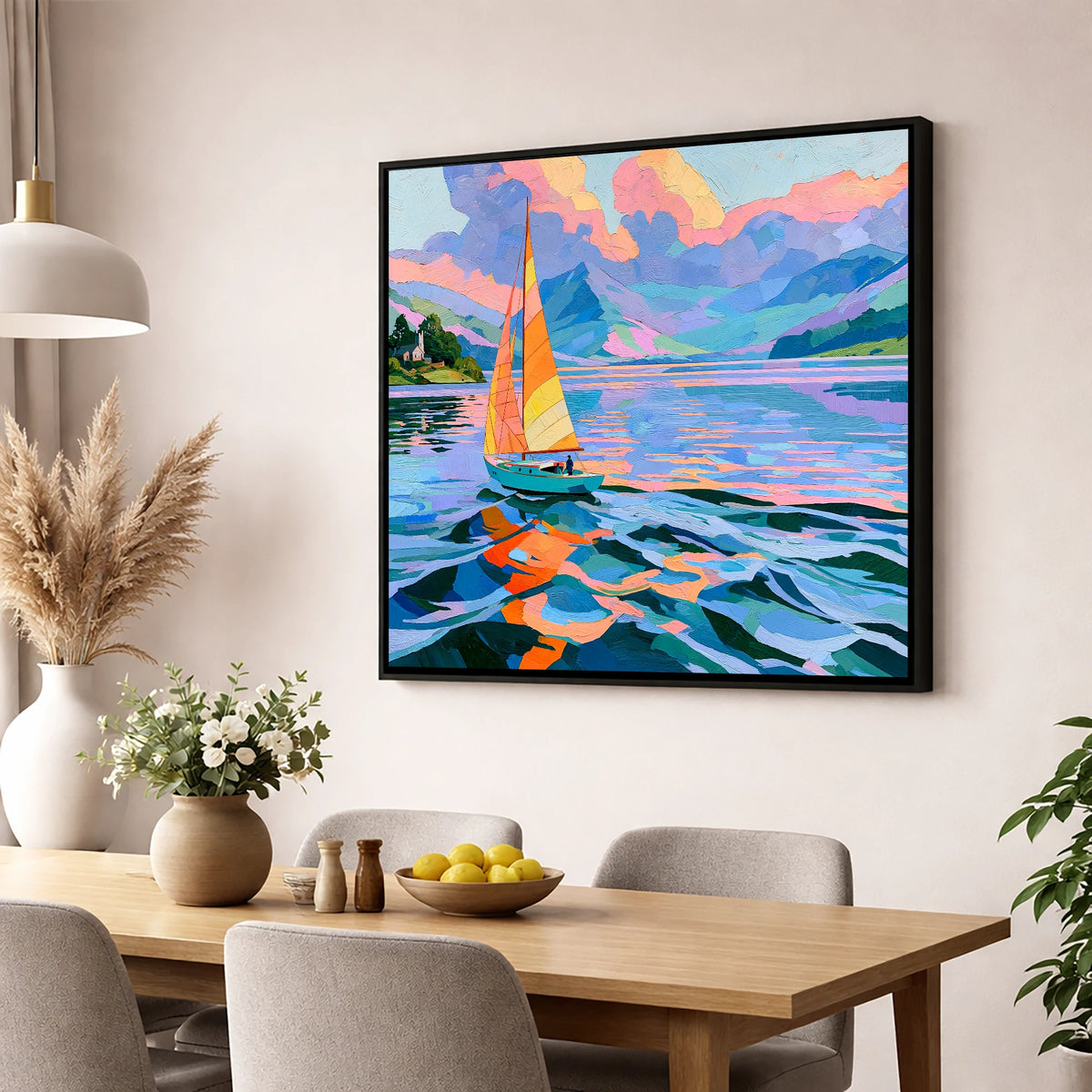 Vibrant Sailboat on Breezy Lake lake district walking wall art displayed in a dining room