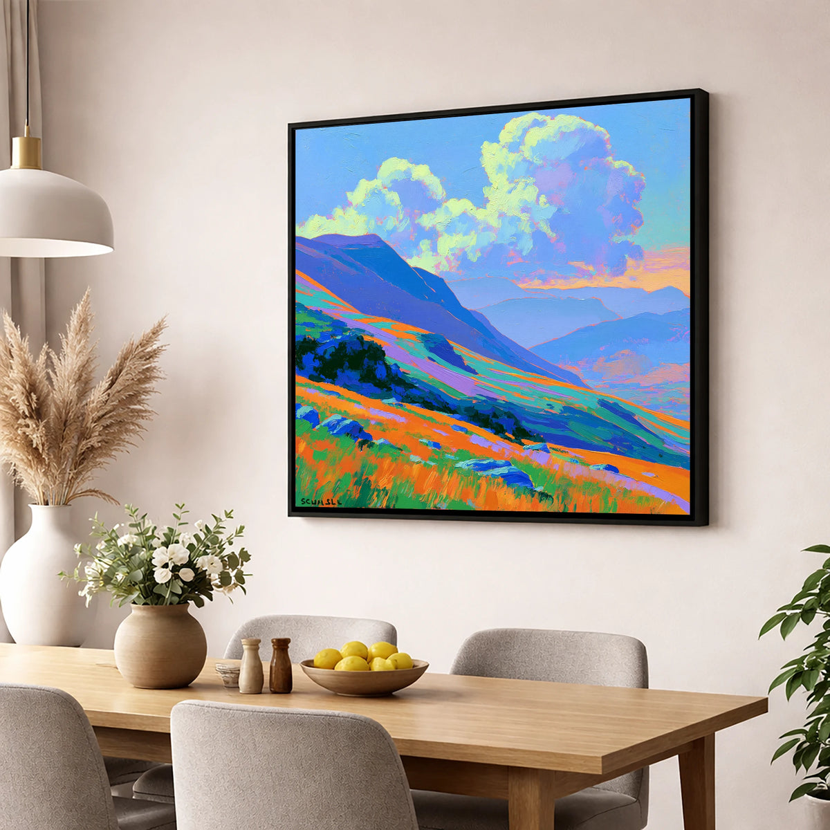 Vibrant Rolling Fells Under Cloud lake district fell wall art displayed in a dining room