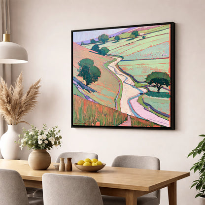 Winding River In Pastel Valley lake district waterfall wall art displayed in a dining room