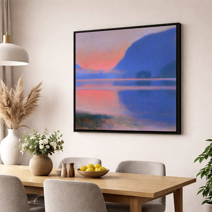 Pink Dawn Over Still Lake lake district lake wall art displayed in a dining room