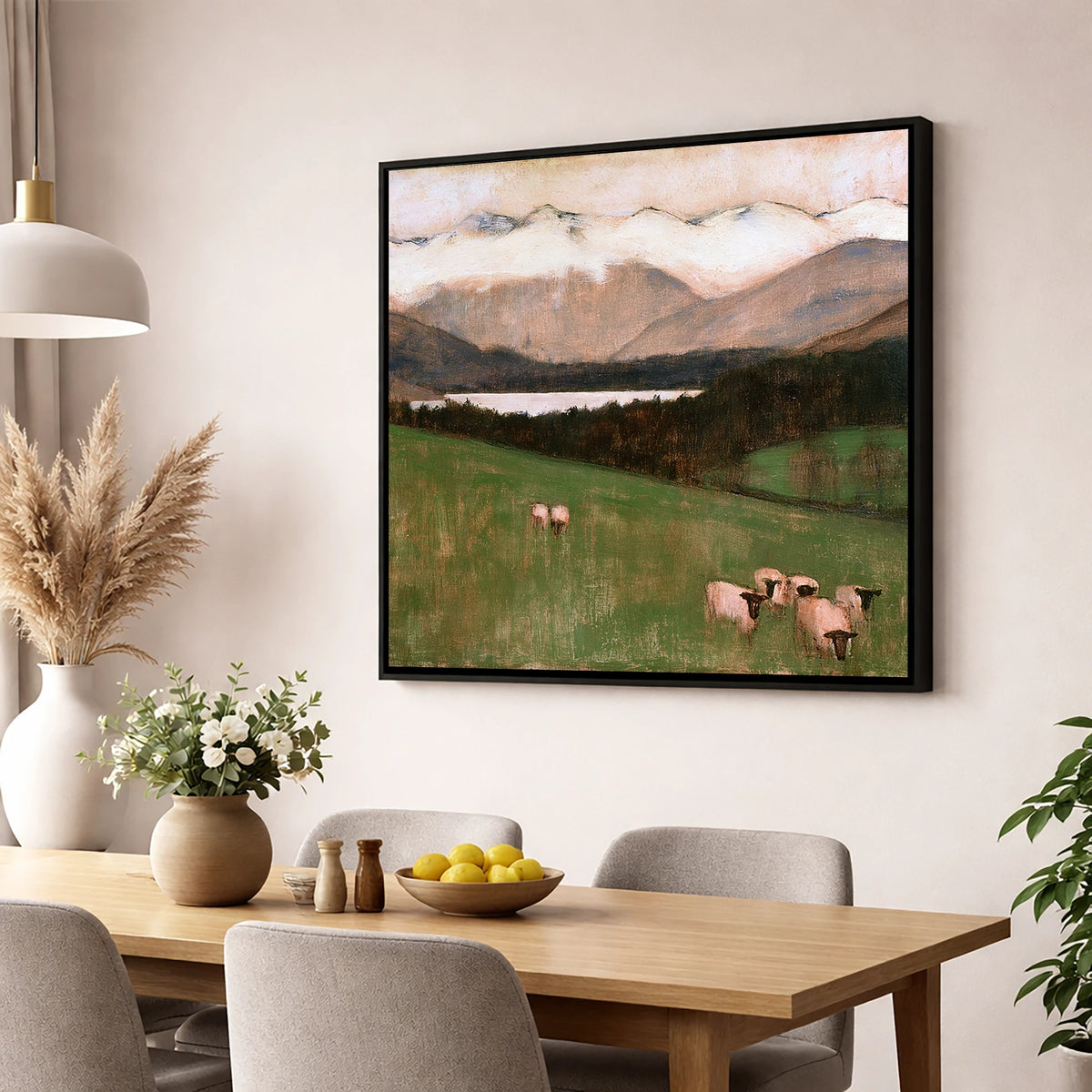 Hawkshead Pasture in Warm Light lake district village wall art displayed in a dining room
