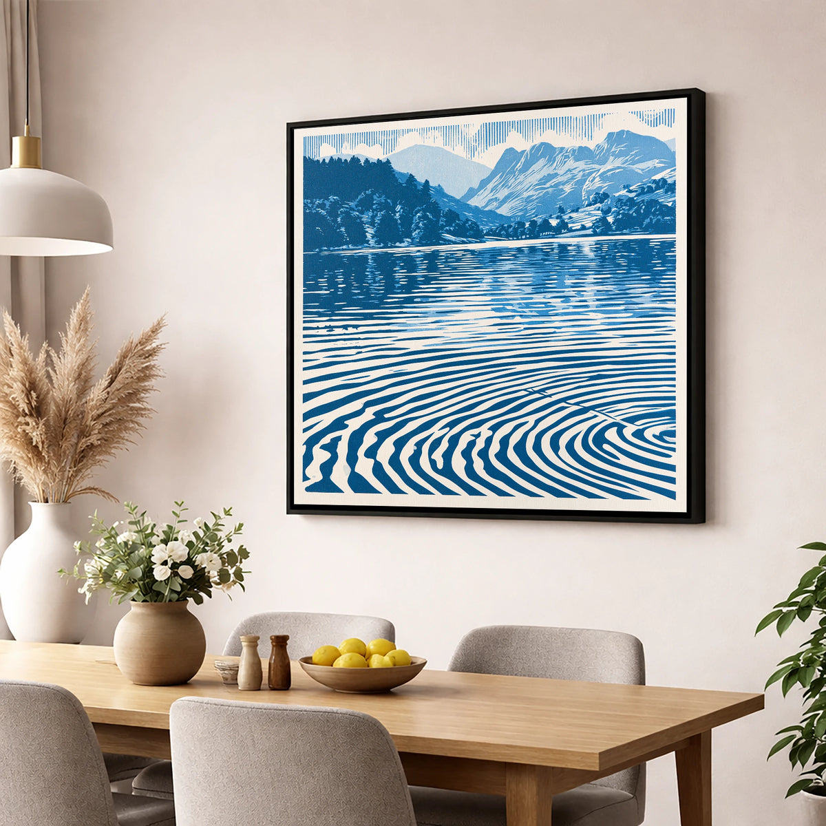 Cobalt Blue Lake at Dawn lake district lake wall art displayed in a dining room