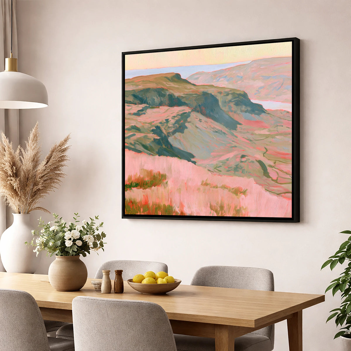 Fell Summit in Pastel Pink lake district fell wall art displayed in a dining room