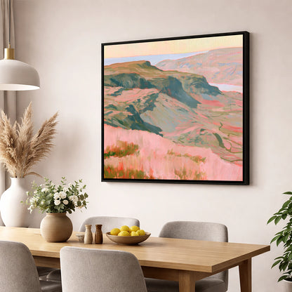 Fell Summit in Pastel Pink lake district fell wall art displayed in a dining room