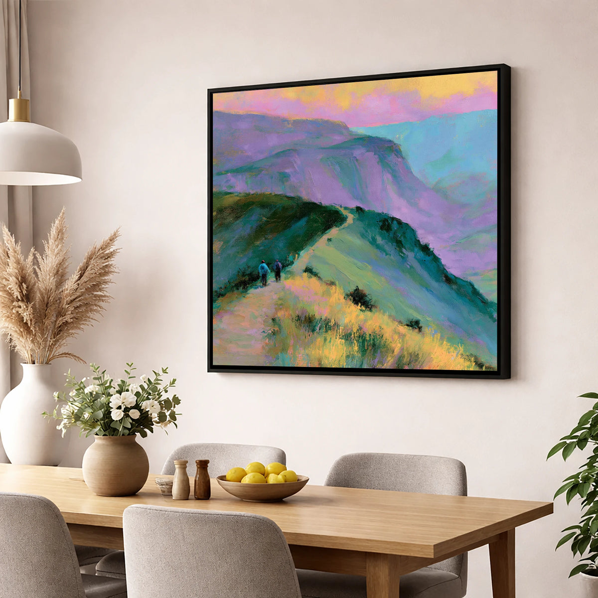 Fell Walkers in Pastel Light lake district walking wall art displayed in a dining room
