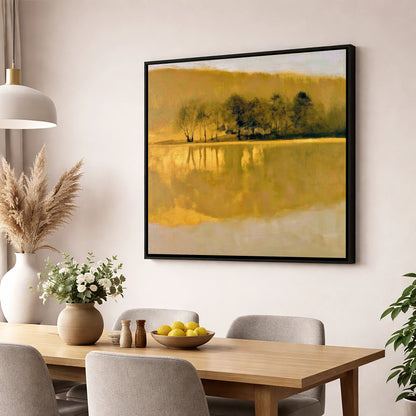 Dark Trees on Golden Lake lake district lake wall art displayed in a dining room