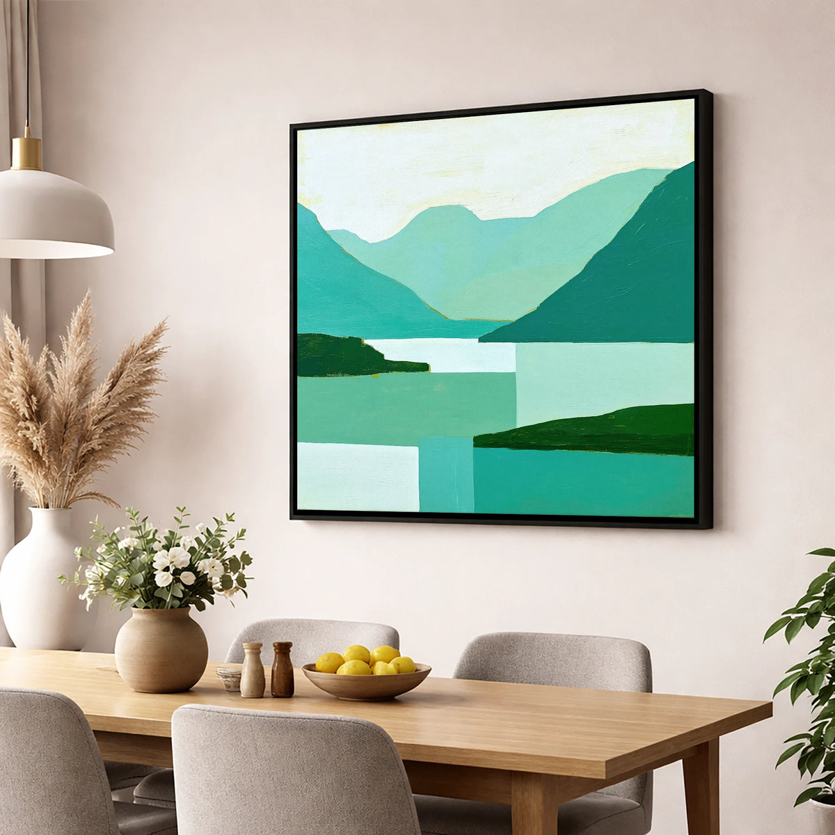 Wasdale Valley in Geometric Teal lake district valley wall art displayed in a dining room