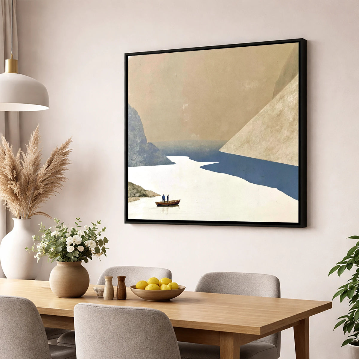 Rowing beneath the Steep Screes lake district lake wall art displayed in a dining room